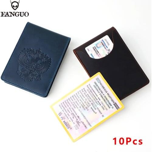 10Pcs Handmade Mens Drivers License With Russia Emblem Printed Crazy Horse Leather Sheath Concise Driving License Wallet