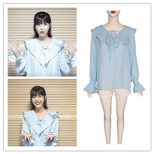 Kpop IU Lee Ji Eun Korean harajuku loose sweet Light blue shirts women summer girl fashion long Sleeve lace-up tops and blouses