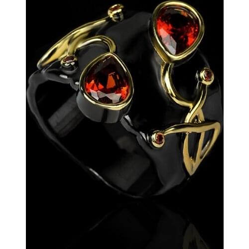 Hot Sale Black Gold Flower Ring Inlaid Colorful Red Purple Zircon Fashion Flower Cherry Blossom Ring Wedding Party Engagement