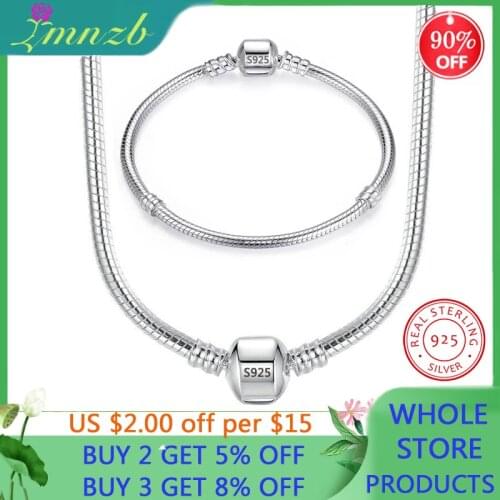 LMNZB With Certificate Original 925 Solid Silver Charms Necklace Bracelet Jewelry Sets For Women Fine 3mm Chain DIY Accessories