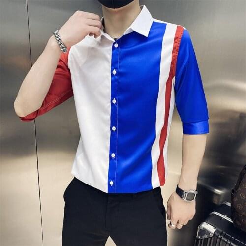 2021 Spring Fashion Color Patchwork Male Slim Fit Dress Social Harajuku Shirts Men Long/Half Sleeve Business Casual Luxury Shirt