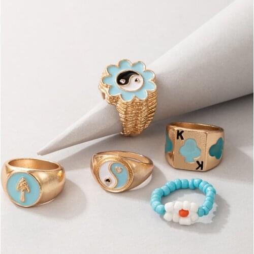 Tocona 5pcs/sets Colorful Bead Flowers Ring Sets for Women Charms Mushroom Tai Chi Alloy Metal Party Jewelry кольца 19776
