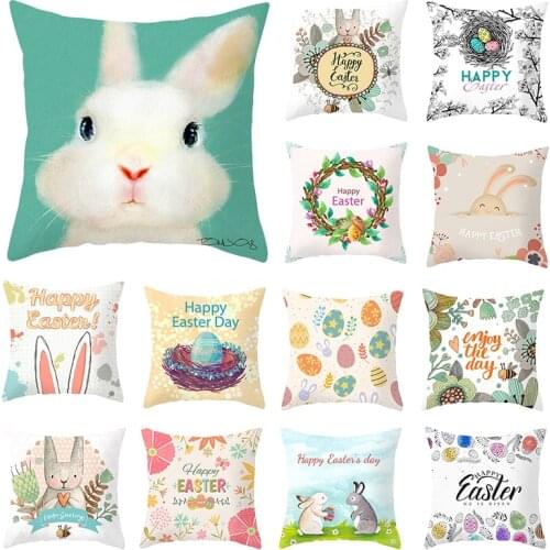 Happy Easter Pillowcase Easter Bunny Egg Decorative Cushion Cover Cartoon Rabbit Print Pillow Cover For Sofa Car Home Decor 45cm