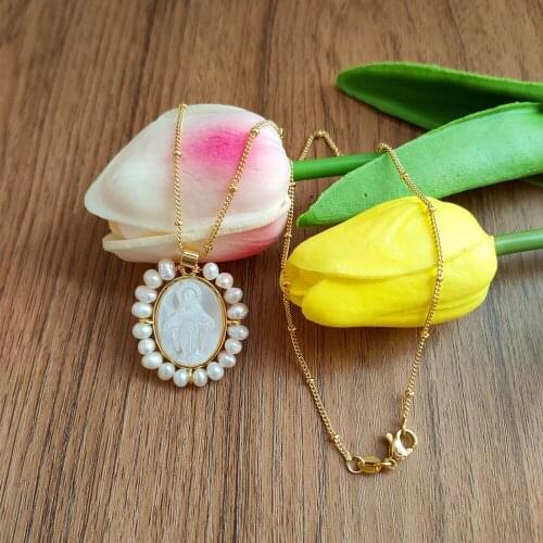 1pc Natural MOP San benito& Guadalupe &Cupid & Lady Baby &Grace Mother Pearl Necklace Freshwater Pearl Lady Necklace for Gift