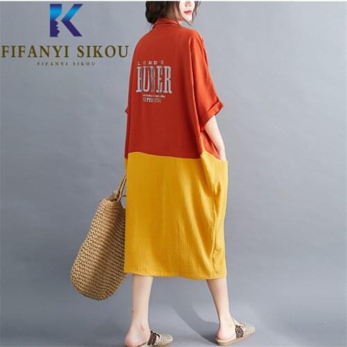 Cotton Linen Shirt Dress Women Pocket Fashion Patchwork Print Short Sleeve Midi Long Dress Summer Loose Plus SIze Dress Female