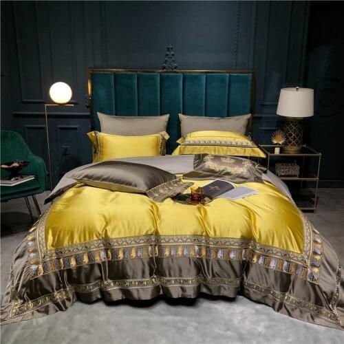 800tc Luxury Golden Royal Bedding Set Satin Silk Cotton embroidery Duvet Cover Set Bed Sheet Pillowcases Queen King 4/6/10Pcs