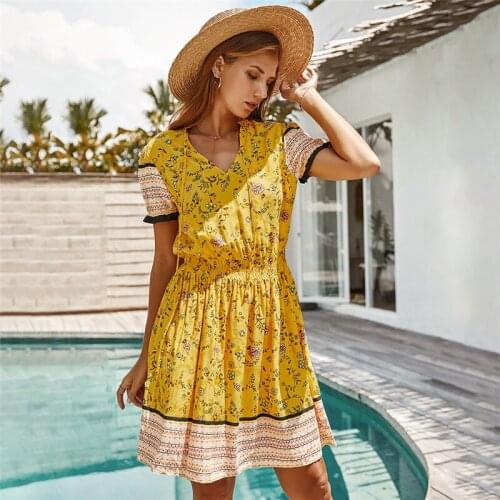 RYFIX New Fashion Women Dresses Summer 2021 Sexy Floral Print V Neck Boho Beach Dress Short Sleeve Mini Dress Ladies Vestidos