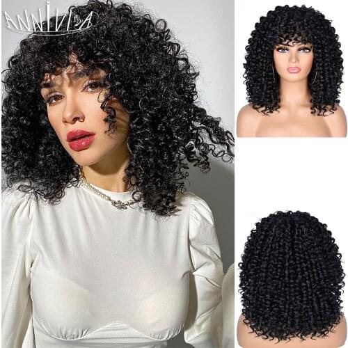 Short Hair Afro Kinky Curly Wig With Bangs Synthetic Ombre Brown Black Wigs For Black Women High Temperature Hair Annivia