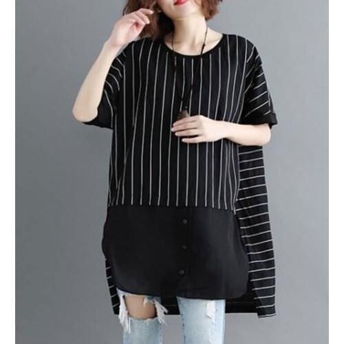 Oversized Women Loose Casual T-shirts New Arrival 2021 Summer Simple Style Patchwork Striped Female Cotton Tops Tees S3064