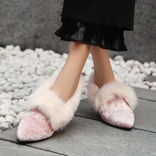 OLOMLB Womens Pointy Toe Velvet Leather Real Rabbit Fur Mules Loafers Block Heel Warm Winter Snow Shoes Furry Plus Size New 2020