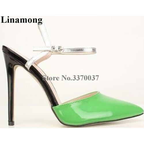 Ladies Elegant Fashion Pointed Toe Patent Leather Stiletto Heel Pumps Green Pink Strap Buckle Cross High Heels Formal Dress Shoe