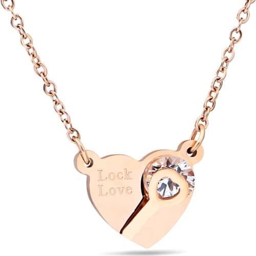 Rose Gold Color 316L Stainless Steel Crystal Key Heart Pendant Jewelry fashion choker necklaces for women