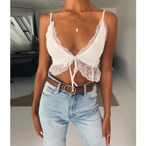Summer Ladies Sexy Short Vest Girls Temperament Solid Color Sleeveless Lace Splicing V-neck Top Streetwear Dating Shopping