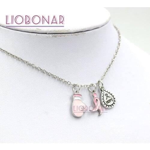 1PC New Breast Cancer Necklace, Pink Ribbon Hope Fighting Gloves Necklace for Breast Cancer Awareness Gift