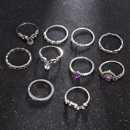 10 Pcs /Set Retro Crystal Drill Crown Knuckle Rings Fashion Jewelry Women Charm Ring
