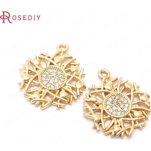 39106)6PCS 24k Champagne Color Brass and Zircon Round Flower Branch Charms Pendants Jewelry Making Supplies Diy Accessories