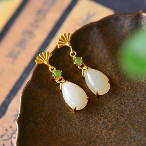Water Drop White Jade Earrings Natural Hetian Jade Earrings Short Retro High-End Versatile Simple White Jade Earrings for Women