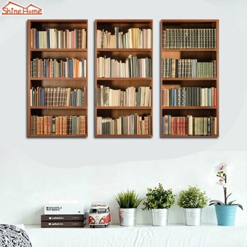 ShineHome-Large Modern 3pcs Panel Bookcase Picture Painting on Canvas Prints Wall Printing Walls Study Living Room Home Decor
