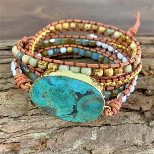 LZHLQ Natural Stone Bracelet Purple Quartz Leather Wrap Bracelets Women Gems Crystal Beads Bohemia Jewelry