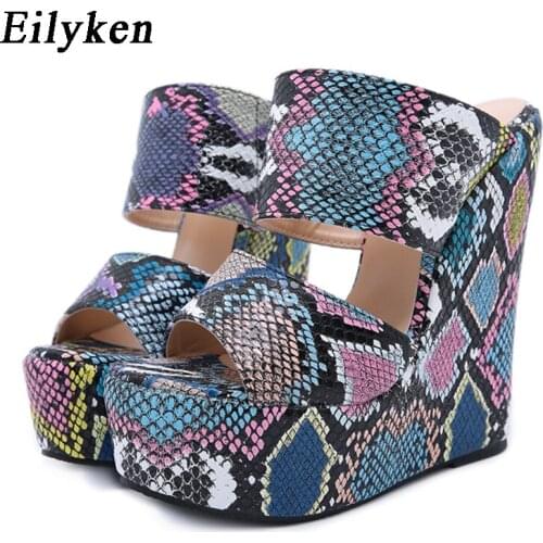 Eilyken Summer Fashion Colorful Snake grain Wedges Slippers Sexy Outdoor Peen Toe Women Gladiator Platform Sandals Femme Shoes