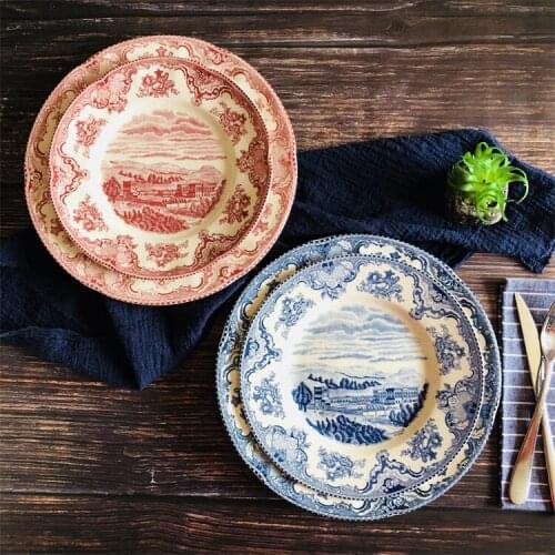 European Creative Palace Style Retro Breakfast Plate Steak Plate Set Household Tableware Red and Blue Castle Plate
