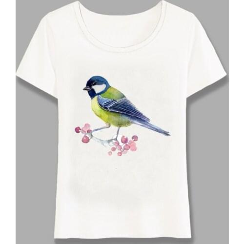 Women t-shirt Colorful Tit Bird Watercolor T-Shirt Lovely Bird Lovers Casual Tops Female Tee Cute Girl Short Sleeve Harajuku