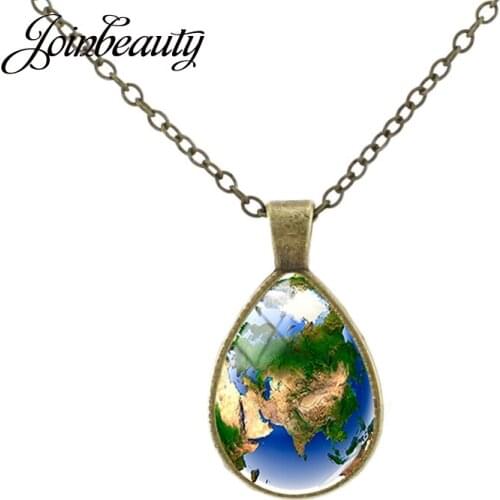 JOINBEAUTY Earth Top View World Water And Forest Water Drop Pendant Necklace Classic Pattern Glass Teardrop Chain Jewelry DR213