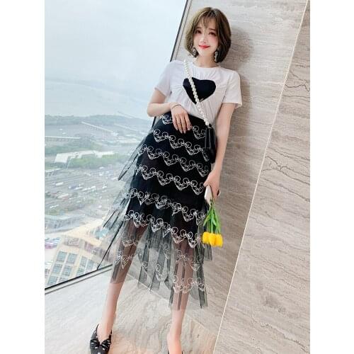Top Quality Fold of love cloth T Compassionate+Embroidered mesh medium length cake skirt suit new style in summer