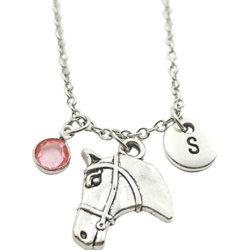 Horse Head Necklace Birthstone Creative Initial Letter Monogram Fashion Jewelry Women Christmas Gifts Accessories Pendants