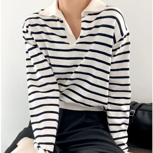 ZCSMLL Korean Niche Casual Turn-down Collar Hit Color Stripes Tops Loose Wild Long-sleeved Pullover Women Fashion Sweater