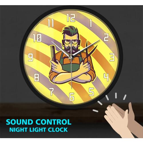 Retro Barber Shop Striped Pole Hairstylist Metal Frame LED Luminous Wall Clock Sound Control Hairdresser Home Decor Clocks Watch