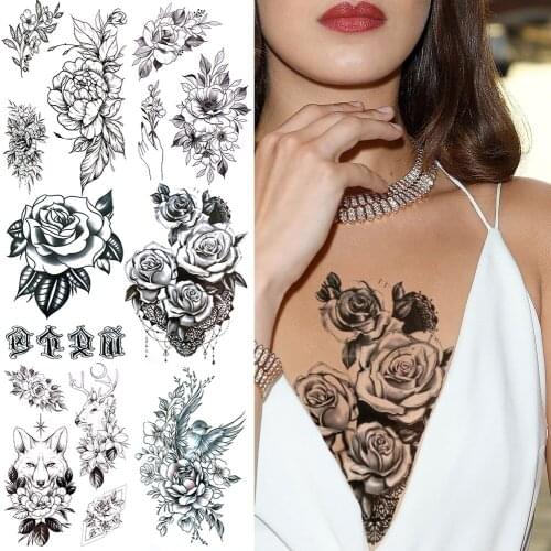 Rose Lace Pendant Temporary Tattoos For Women Girl Realistic Dahlia Flower Flora Wolf Reindeer Bird Fake Tattoo Sticker 3D Tatoo