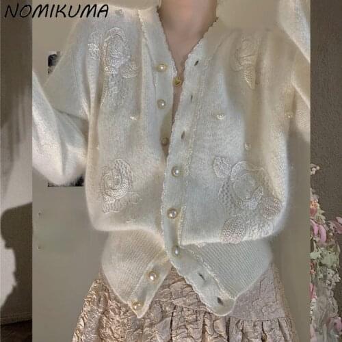 Nomikuma Chic Floral Embroidery Knitted Cardigan Coat 2021 New Long Sleeve V-neck Knitwear Fashion Elegant Pull Jumpers 6L135