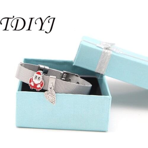 TDIYJ Gift Box Red Santa Claus Heart Dangle Collection Charms DIY Stainless Steel Mesh Bracelet For Women Jewelry 1Set