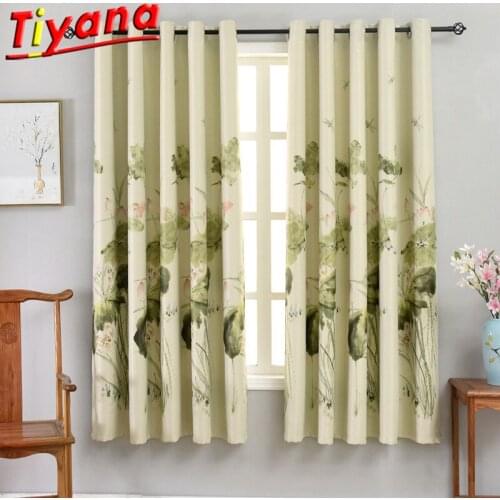 Lotus Printed Curtain Cloth Blue Blackout Curtains for Living Room Soild Short Curtains for Bedroom PC004#20