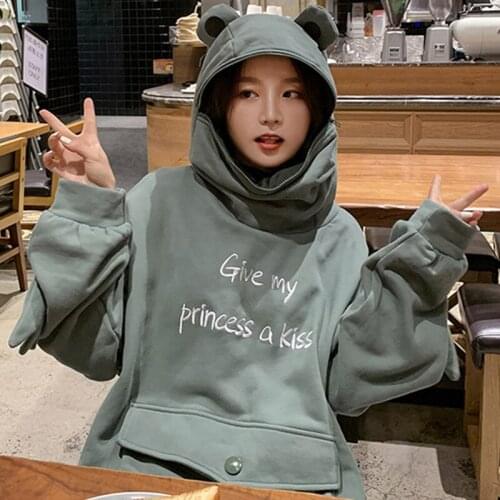 Letter Embroidery Hooded Zip Design Frog Sweatshirt Women Green Pocket Velvet Oversized Hoodies Cute Loose Casual Girls Pullover