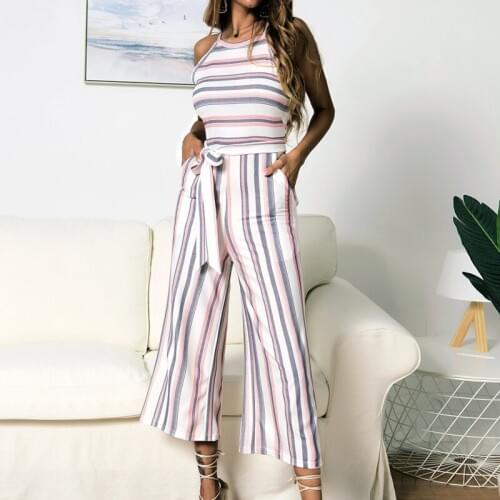 Ladies Strapless Holiday Summer Clothes For Women Playsuit Female Striped Casual Sleeveless Wide Leg Rompers Womens Jumpsuit