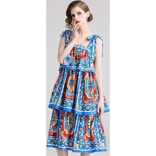 New 2019 Fashion Designer Runway Sicilian Summer Dress Women Bow Spaghetti Strap Tiered Ruffle Backless Flower Print Long Dress
