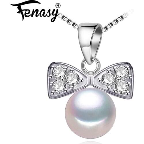 FENASY Natural Freshwater Pearl Necklaces For Women Fashion Trendy Wedding 925 Sterling Silver Bow-knot Pendant With Chain