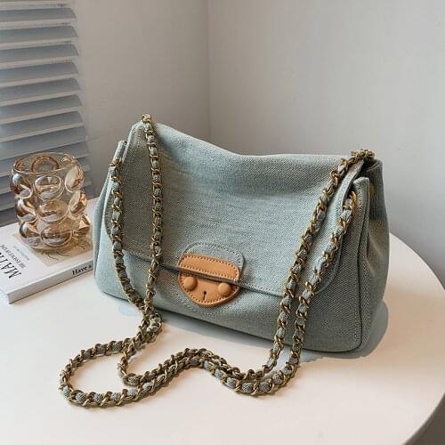 2021 Fashion Canvas Denim Blue Chain Crossbody Bags for Women Lock Small Flap Bag Chain Design Luxury Handbags Clutch Purse