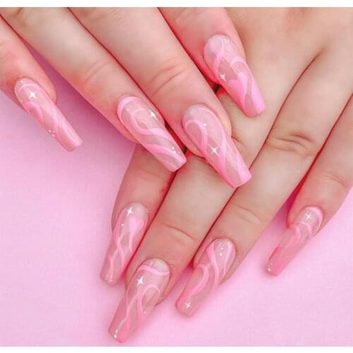 High Quality 24pcs Pink Line Printed Nail Patch Glue Type Removable Long Paragraph Fashion Manicure False Nail Patch