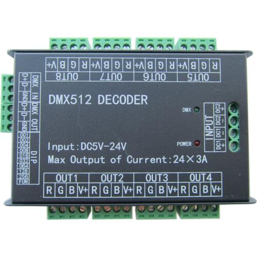 24CH 24channel Easy dmx512 DMX decoder,LED dimmer Controller, DC5V-24V,Max 3A,8 groups RGB controller, Iron case for led strip