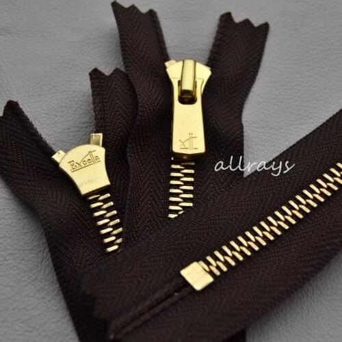 3 gold copper closed tail EXCELLA, brown YKK metal zipper polishing flat teeth