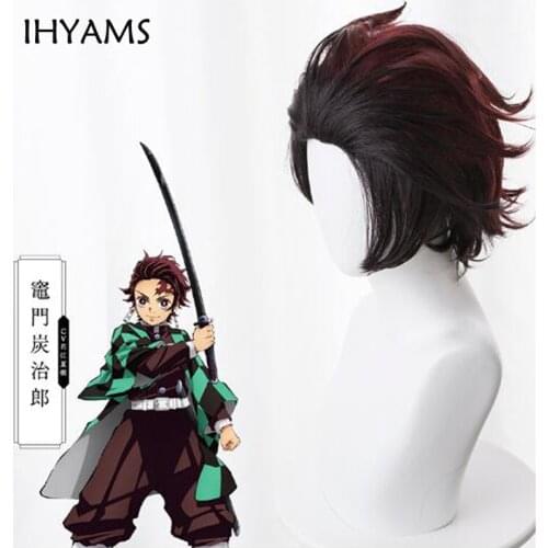 Anime Blade of Demon Cosplay Wig Tanjirou Kamado Wig Heat Resistant Synthetic Hair Wigs + Wig Cap