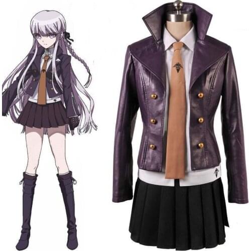 Anime Dangan Ronpa Cosplay Costume Kirigiri Kyoko School PU Uniform Cosplay Halloween Costumes Set Jacket+Shirt+Skirt+Tie+Gloves
