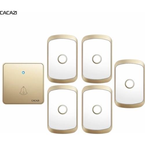 CACAZI Home Wireless Doorbell 300M Remote CR2032 Battery Waterproof 1 Transmitter 5 Receiver 60 Ring 0-110DB Chime US EU UK Plug
