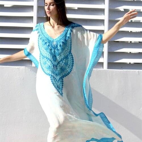 Large size Blue print summer dress for women 2021 loose beach cover up Comfortable breathable Beach vacation beach bikini blouse
