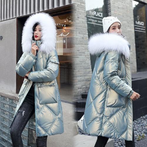 Glossy Disposable Down Padded Jacket Womens Parkas Mid-Length 2021 New Winter Loose White Large Fur Collar Fashion Female Coat