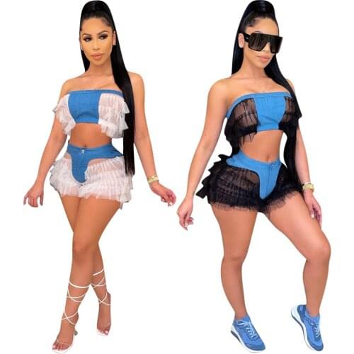 HAOOHU Womens Clothing Womens high Elastic Imitation Denim Wrapped Chest Stitching Mesh Sexy Two-piece Suit