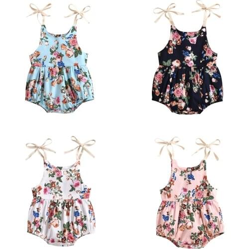 Summer 0-24M Toddler Baby Girl Floral Print Sleeveless Belt Romper Jumpsuit Casual Infant Clothes 4 Color